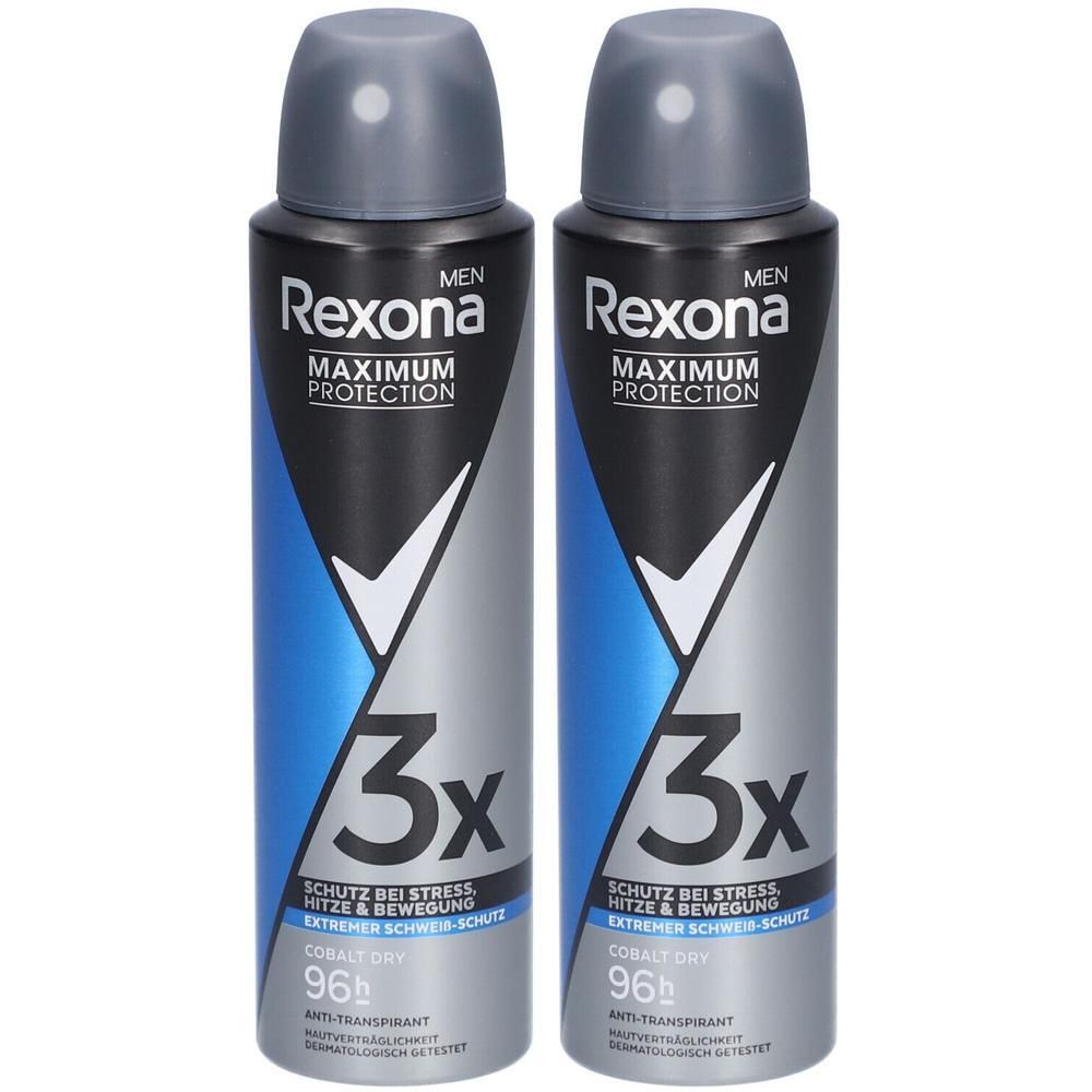 Deux déodorants Rexona Men Cobalt Dry. Bouteilles bleues et grises avec bouchon noir. Texte: Maximum Protection, 3x protection.