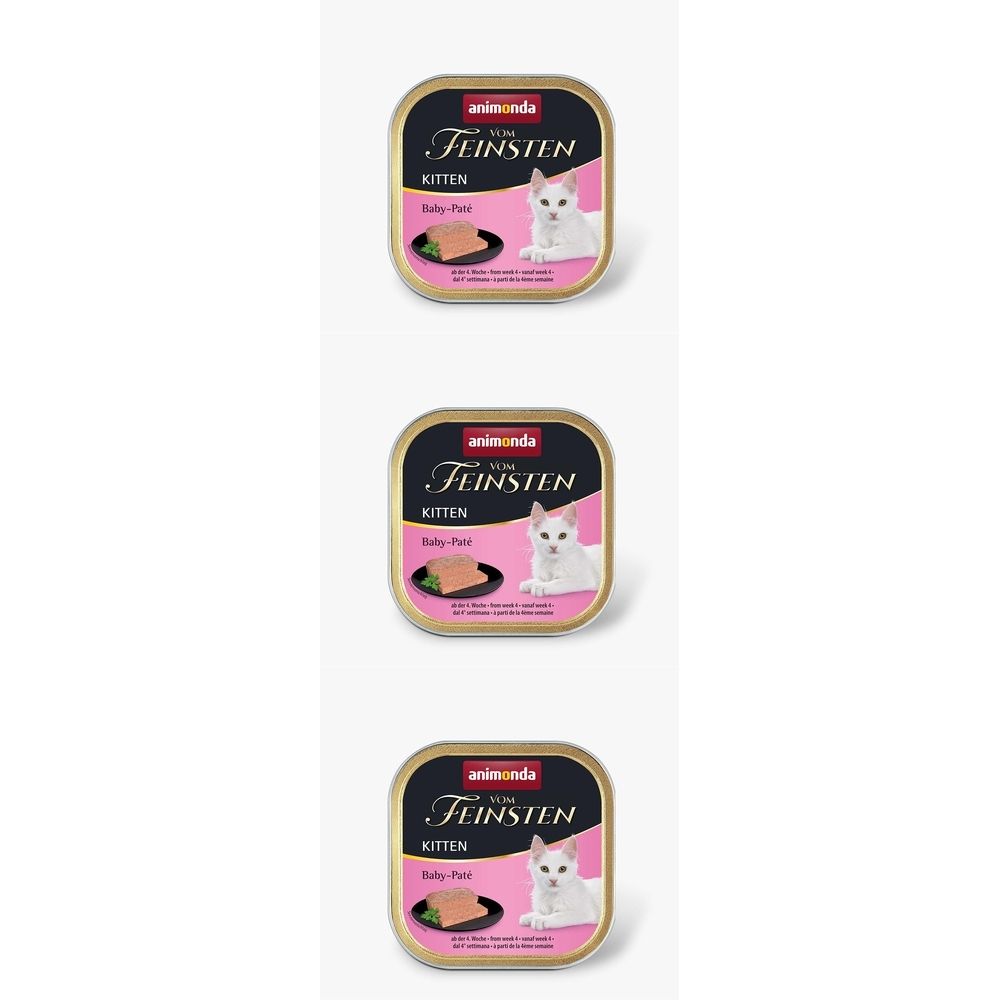 Trois boîtes de nourriture pour chat. Couvercle noir avec texte "animonda Vom Feinsten Kitten Baby-Paté". Fond rose avec chat.