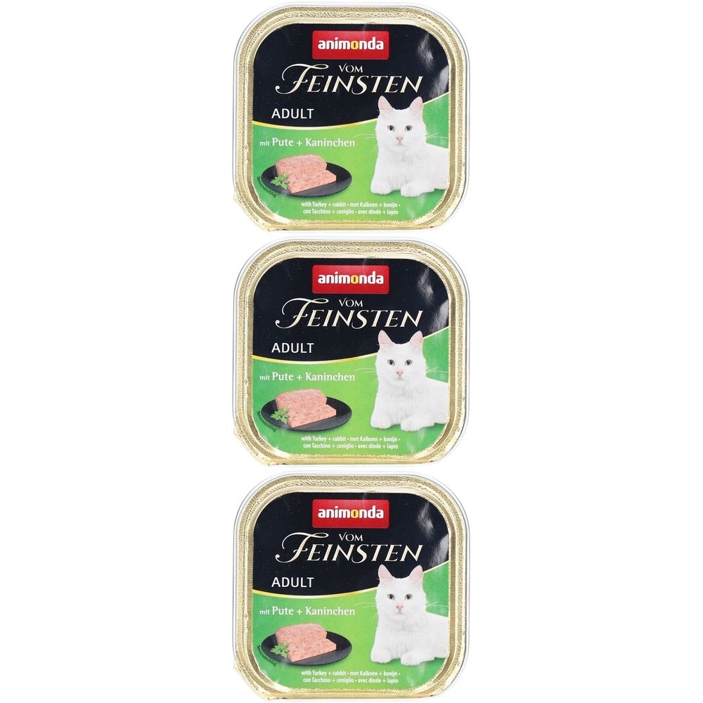 Trois boîtes de nourriture pour chats. Inscription : animonda VOM FEINSTEN ADULT avec dinde + lapin. Image d'un chat et de nourriture.