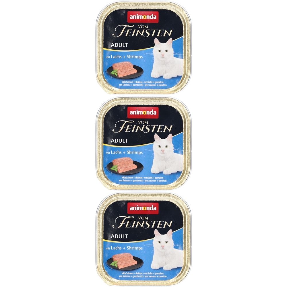 Trois boîtes de nourriture pour chats animonda Vom Feinsten Adult avec saumon + crevettes. Chaque boîte affiche une image de chat.
