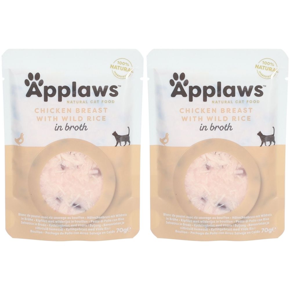 Deux sachets Applaws™ pour chats. Poitrine de poulet avec riz sauvage en bouillon. Logo, nom du produit, silhouette de chat, 70g.
