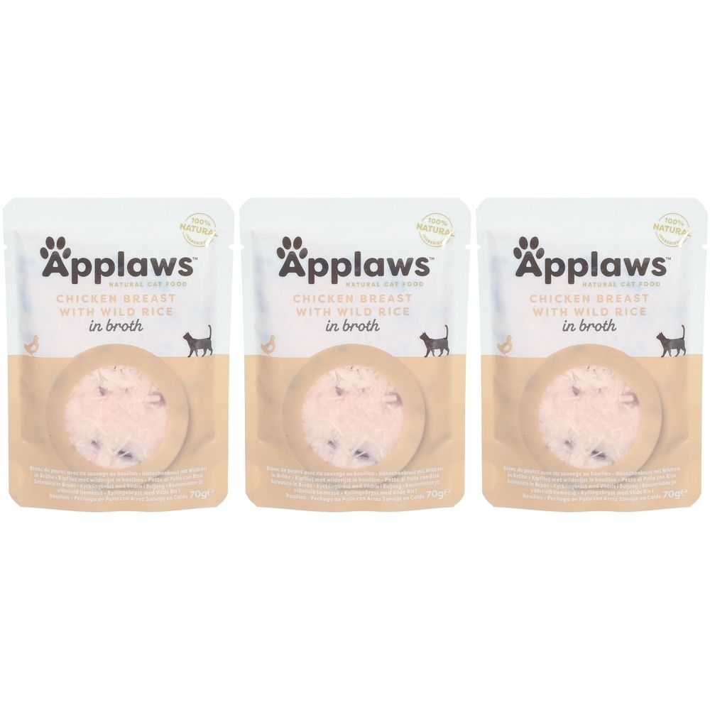 Trois sachets Applaws™ poitrine de poulet et riz sauvage en bouillon. Inscription : Chicken Breast with Wild Rice in broth. Silhouette de chat.
