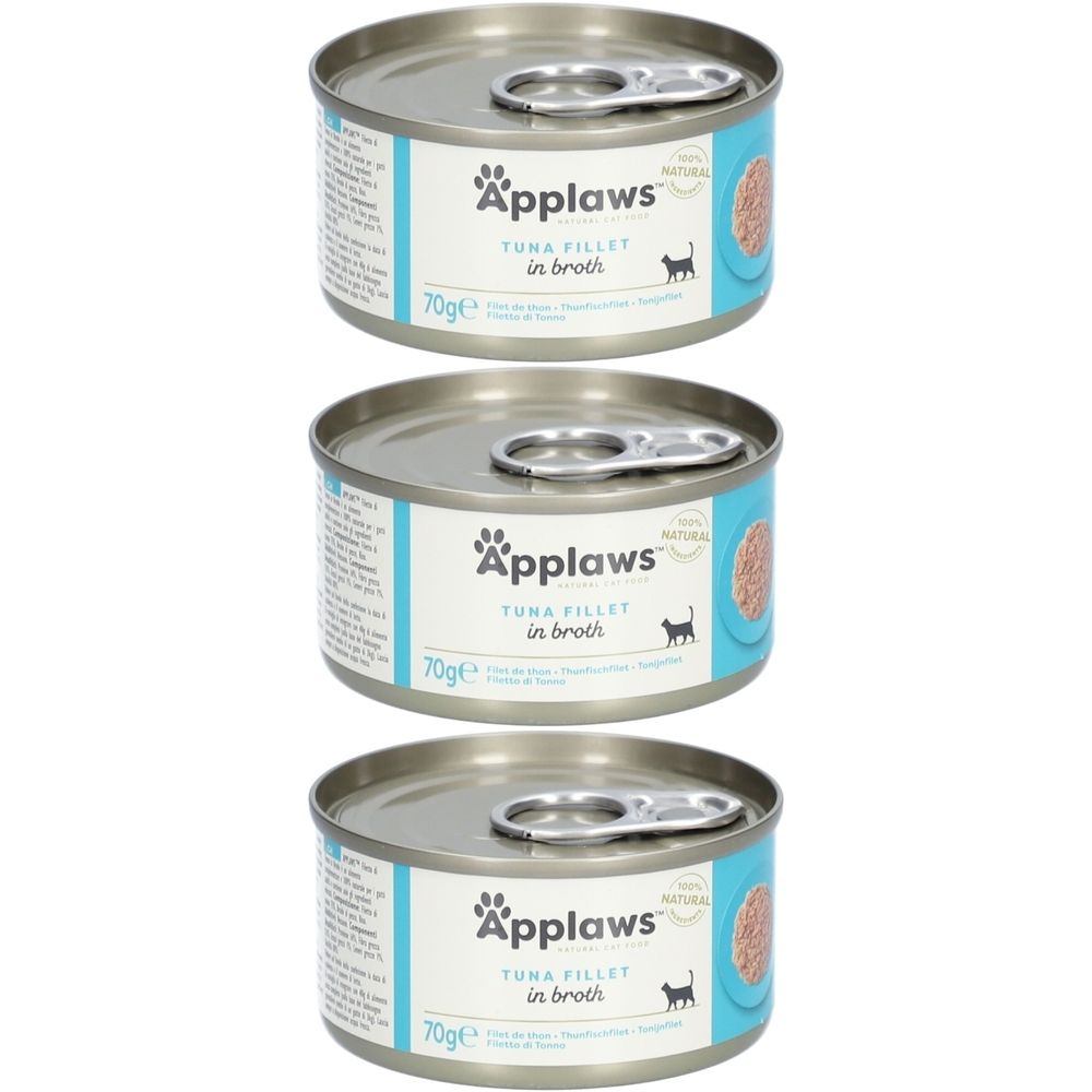 Drie blikken Applaws™ Tonijnfilet in bouillon. Metalen blikken met treklipje. Etiket met productnaam, logo en kat.
