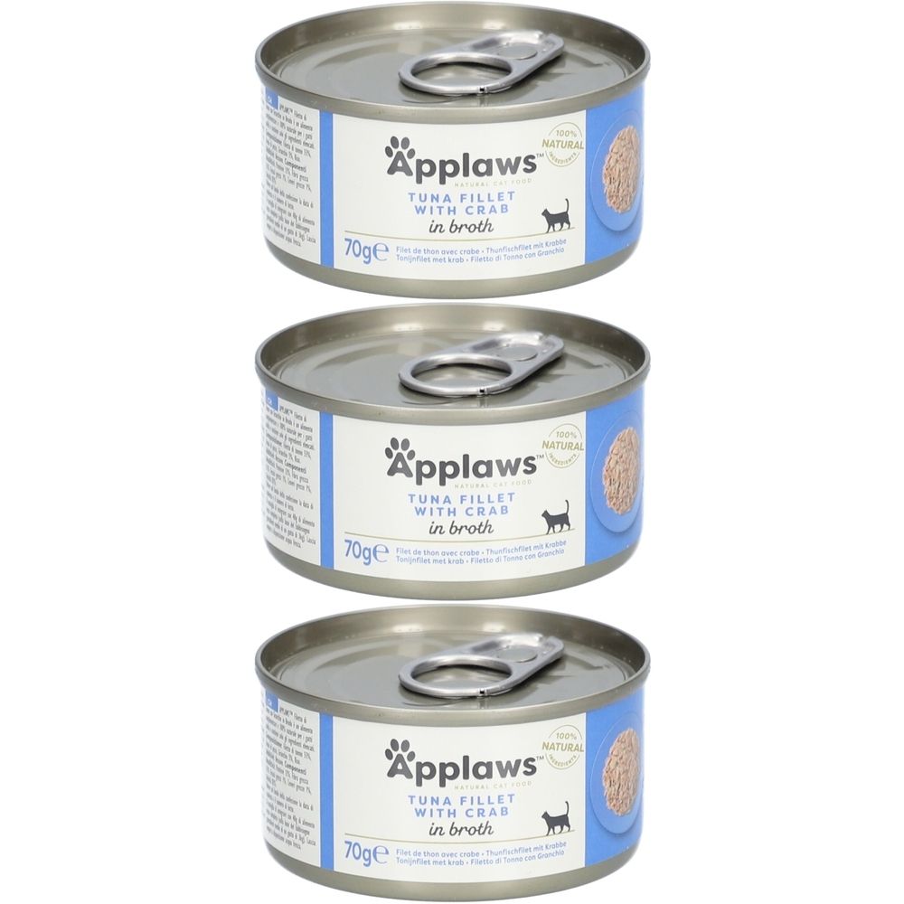Drie blikken Applaws™ Tonijnfilet & Krab in bouillon. Metalen blikken met treklipje. Etiket met productnaam, kat-symbool en 70g.