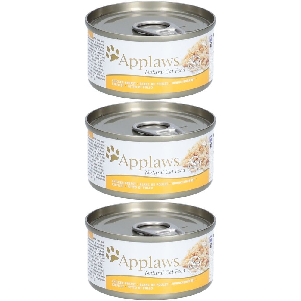 Drie blikken Applaws™ Hühnerbrust in Brühe. Ronde blikken met zilveren deksels en etiketten. Tekst: Applaws, Natural Cat Food.