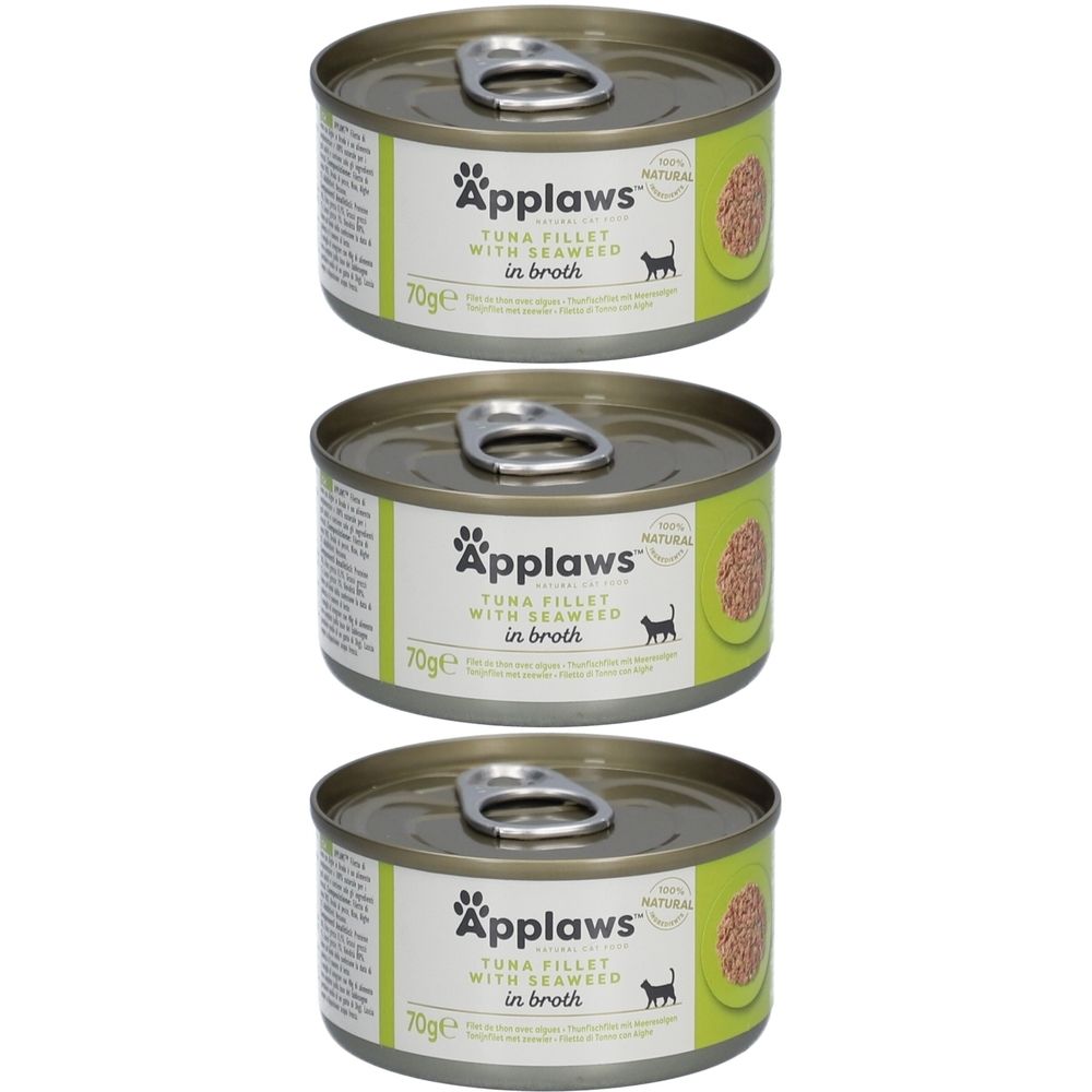 Trois boîtes de conserve avec couvercle. Étiquette avec nom du produit et logo. Inscription : Tuna Filet with Seaweed in Broth. 70g.