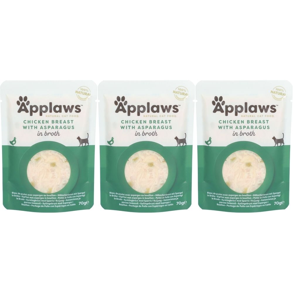 Drie zakjes Applaws™ kippenborst met asperges in bouillon. Witte zakjes met groen gedeelte en productafbeelding. Tekst: Chicken Breast with Asparagus in broth.
