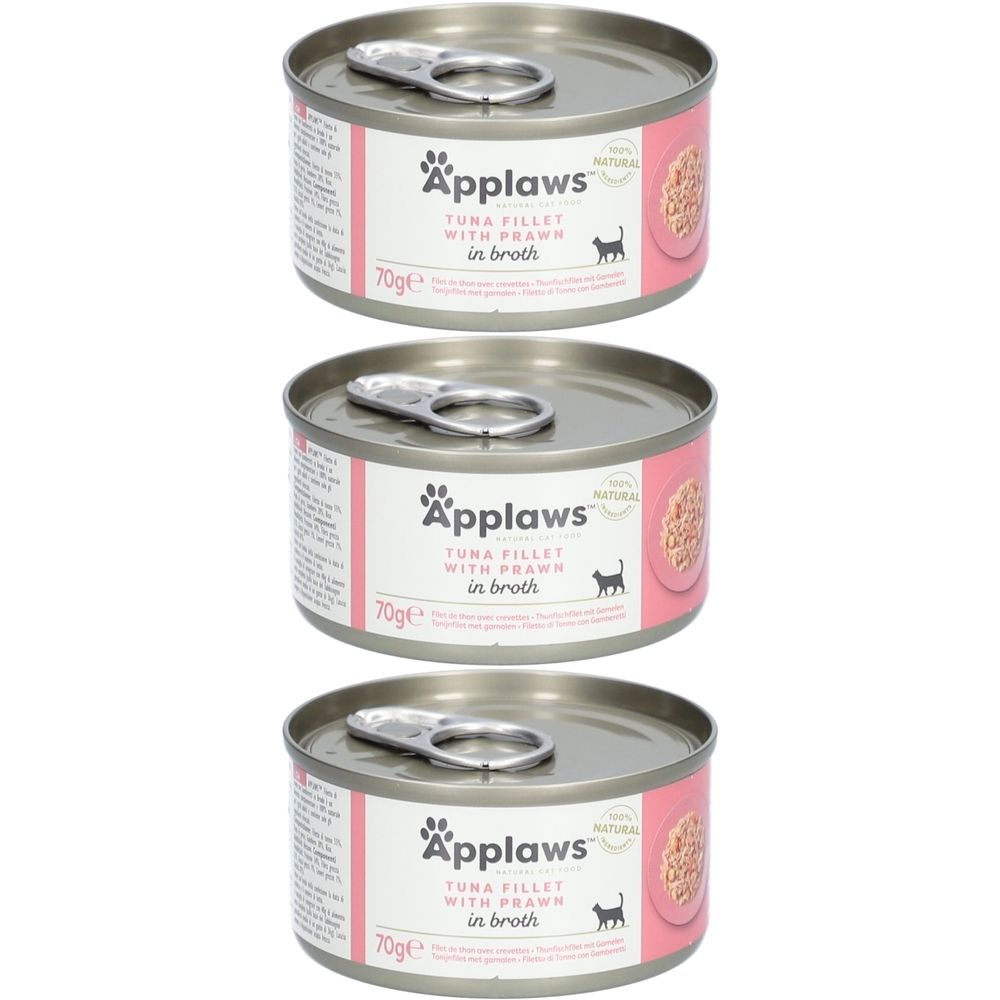 Drie blikken Applaws™ Tonijnfilet met garnaal in bouillon. Roze etiket met productnaam, kat-silhouet en 70g.