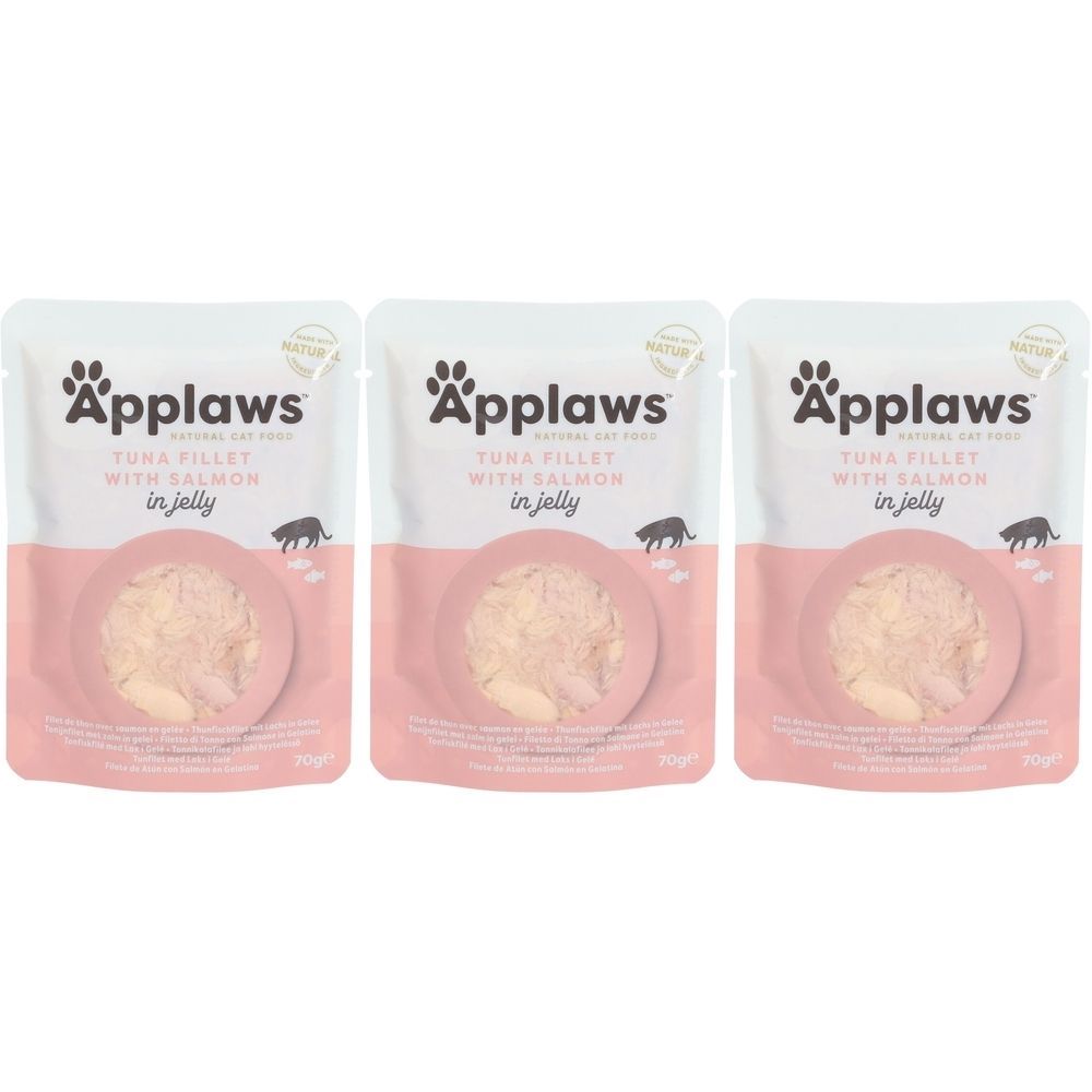 Drie Applaws™ zakjes met tonijn en zalm in gelei. Witte verpakking met roze accenten. Zichtbaar: productnaam, logo en katten silhouet.