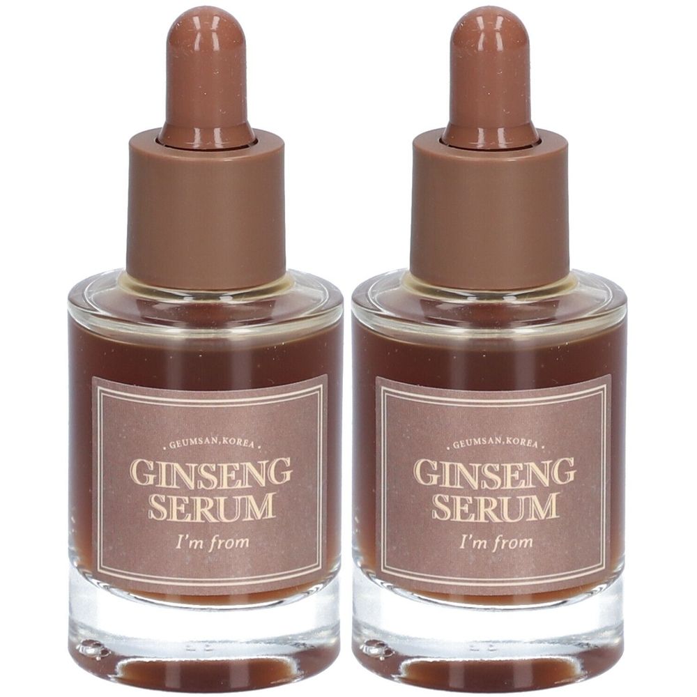 Twee glazen flacons met bruin serum. Labels met "Ginseng Serum" en "I'm from". Bruine doppen met pipetten.