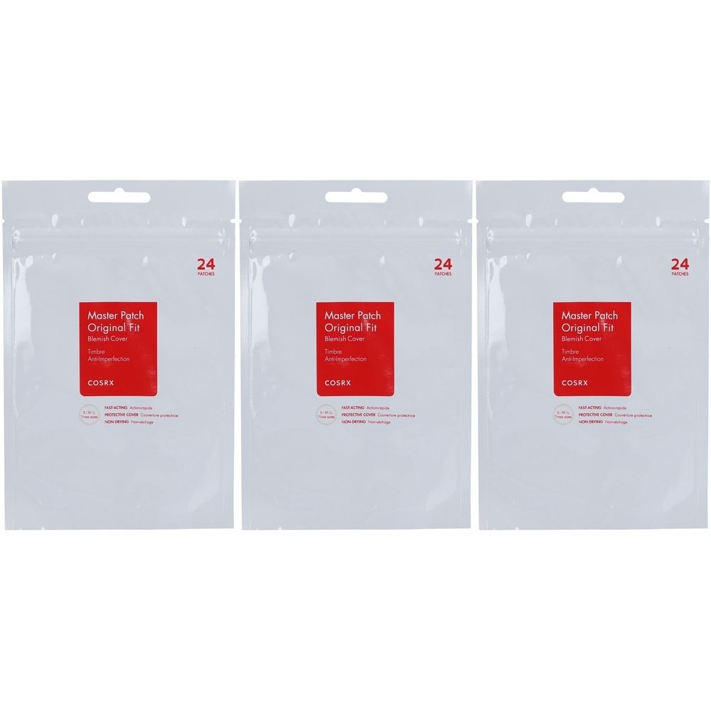 Trois sachets blancs avec une étiquette rouge. L'étiquette indique "Master Patch Original Fit" et la marque Cosrx. Chaque paquet contient 24 pièces.