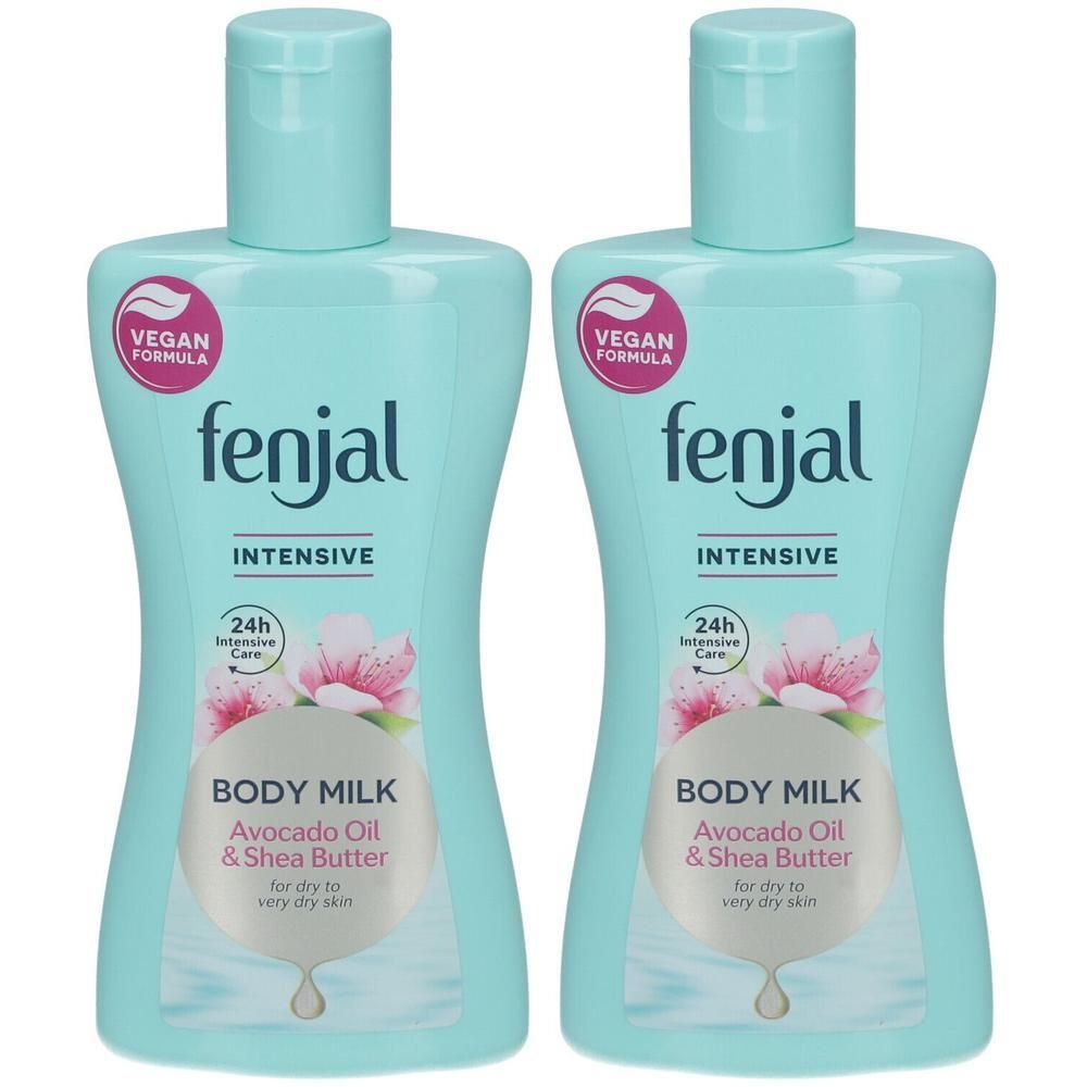 Twee flessen bodylotion. Lichtblauwe flessen met lichtblauwe dop. Opschrift: Fenjal, Intensive, Body Milk, Avocado-olie & Sheabutter. Vegan.