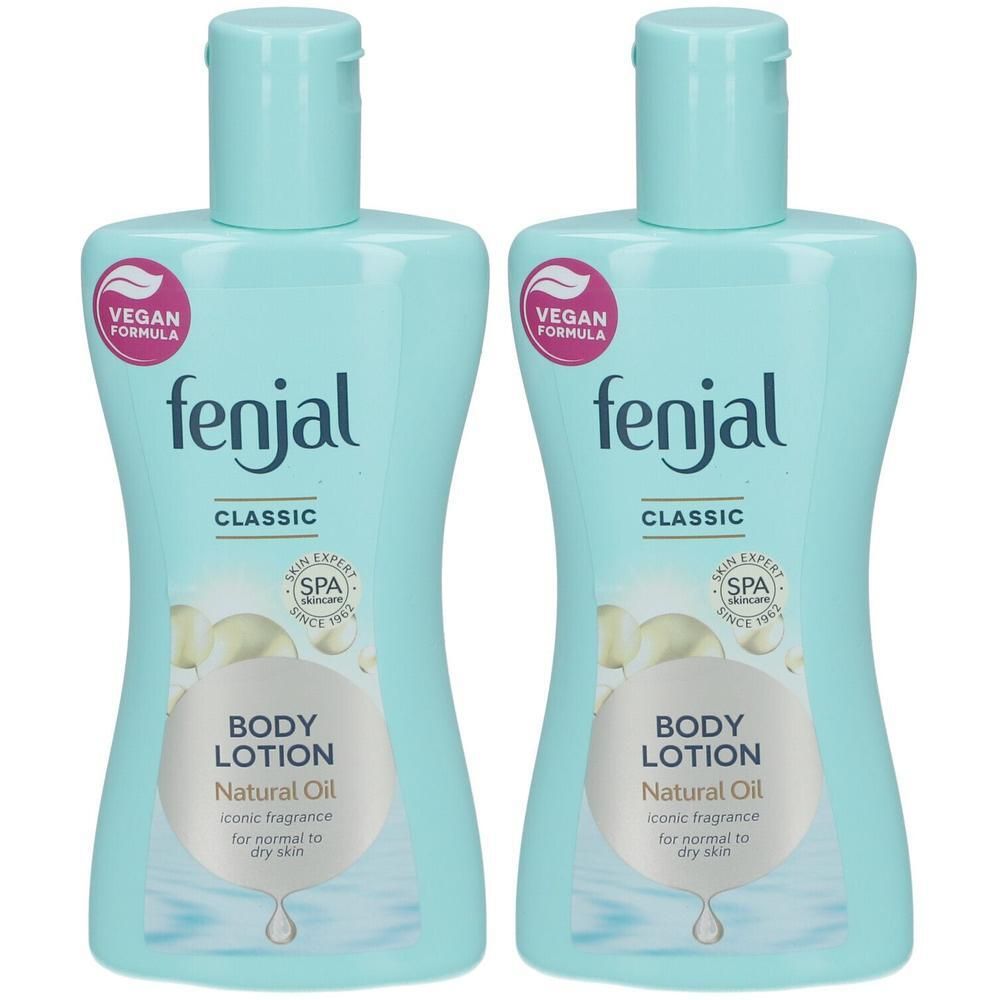 Twee lichtblauwe flacons met klapdeksel. Opschrift: fenjal, Classic, Body Lotion, Natural Oil. Vegan-zegel.