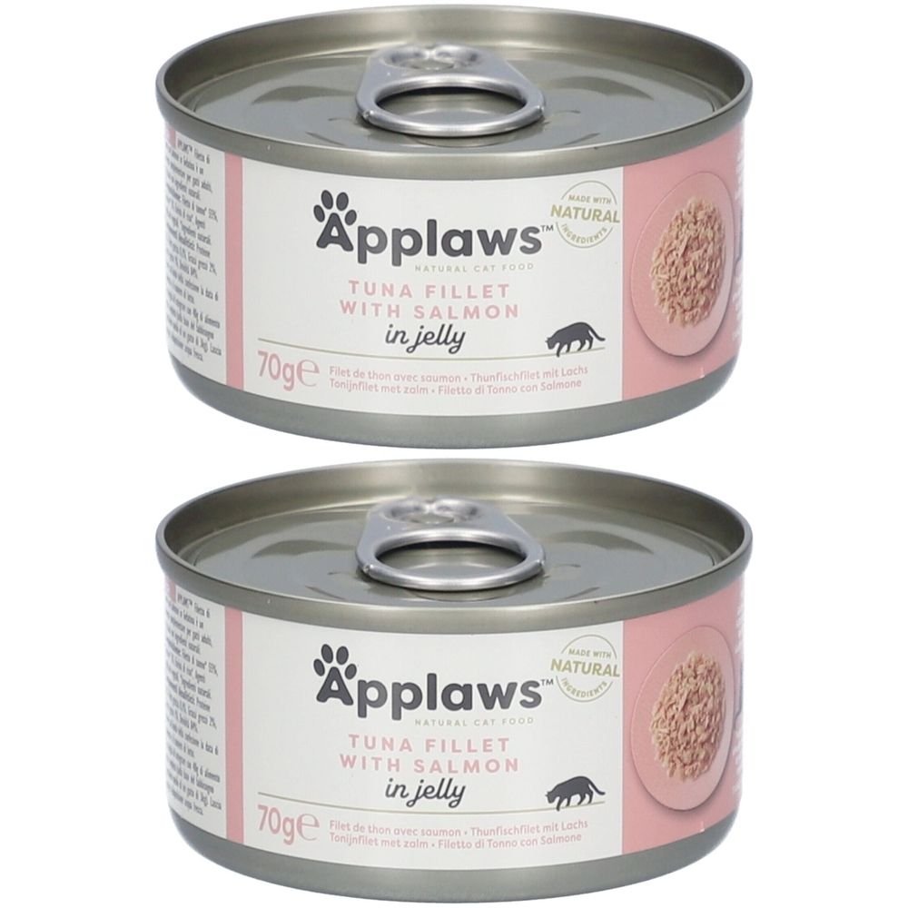 Deux boîtes de nourriture pour chats. Inscription Applaws, filet de thon au saumon en gelée. 70g. Étiquette rose avec image.