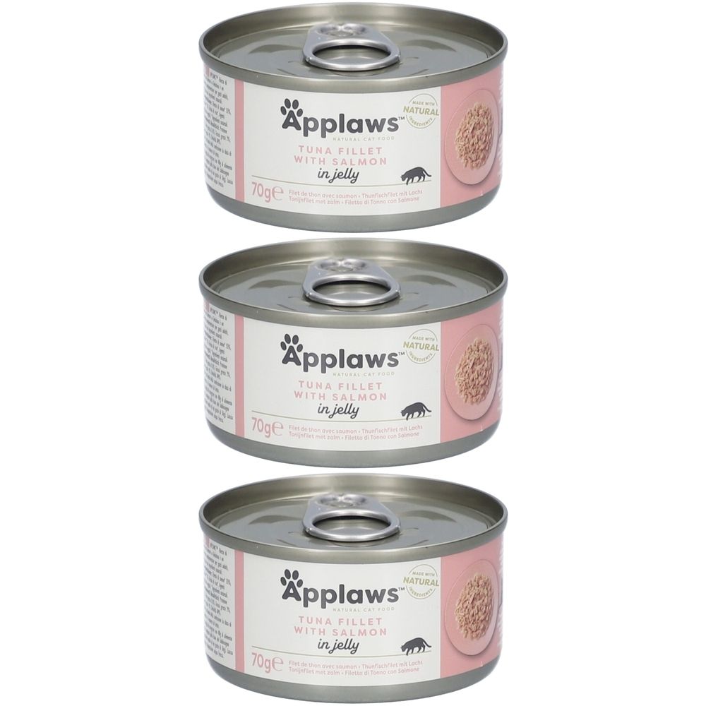 Trois boîtes de nourriture pour chats. Boîtes métalliques avec étiquette rose. Inscription : Applaws, filet de thon et saumon en gelée. 70g.