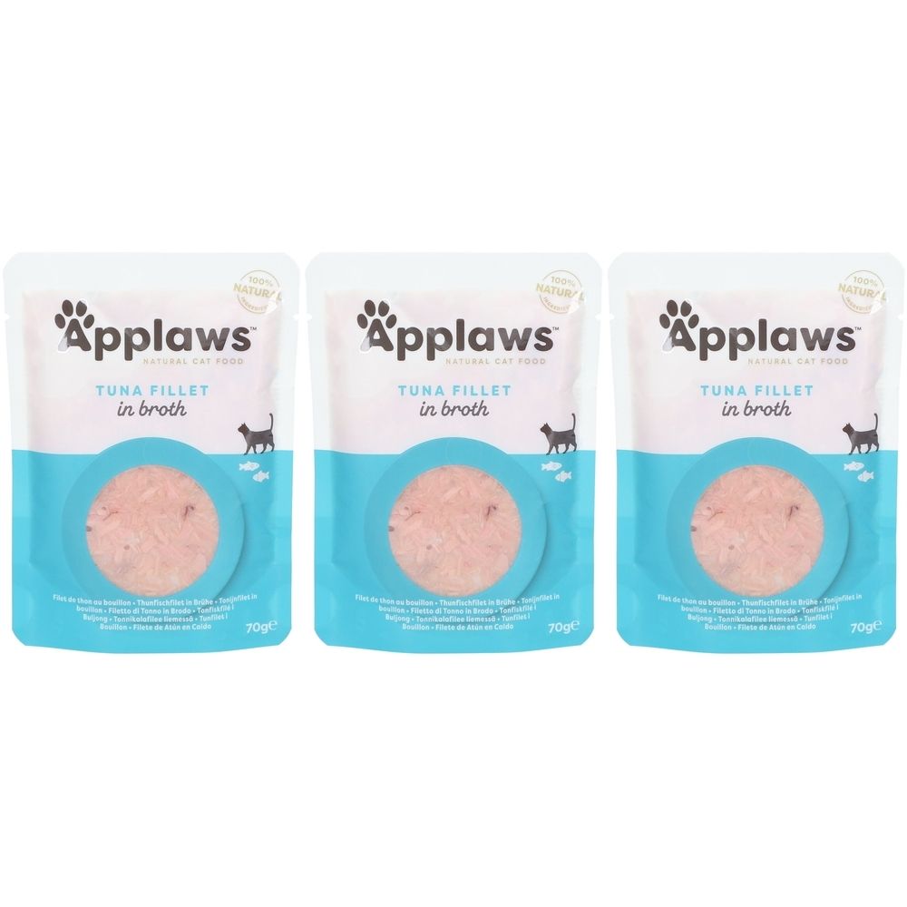 Drie zakjes Applaws tonijnfilet in bouillon. Witte zakjes met blauwe cirkel en productafbeelding. Tekst: TUNA FILLET in broth.