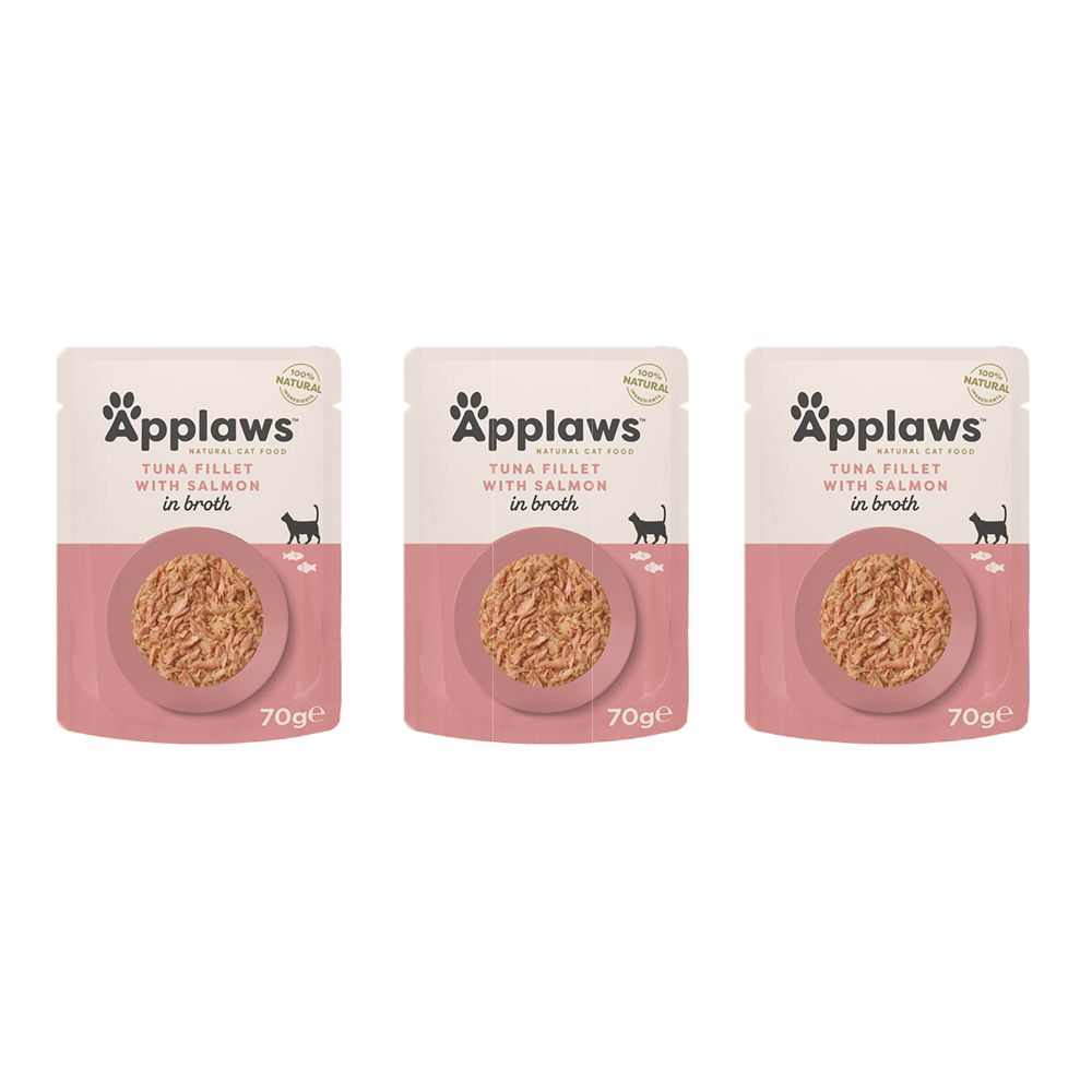 Trois sachets Applaws filet de thon et saumon pour chats, 70g par sachet.