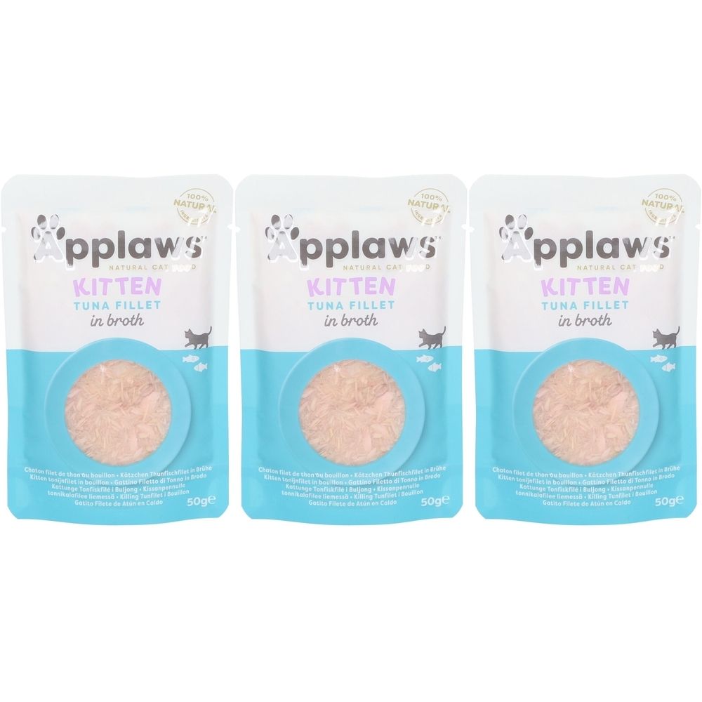 Trois sachets de filets de thon Applaws Kitten. Chaque sachet présente une fenêtre ronde avec du thon en bouillon. Texte: Kitten, Tuna Filet.