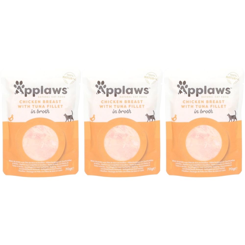 Trois sachets de nourriture complémentaire pour chats. Inscription : Applaws, filet de poulet et de thon en bouillon. Visible : poitrine de poulet et thon.