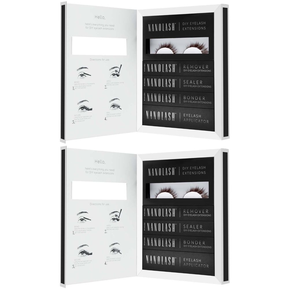 Emballage ouvert avec extensions de cils et accessoires. Contient cils, dissolvant, scellant, colle et applicateur. Instructions.