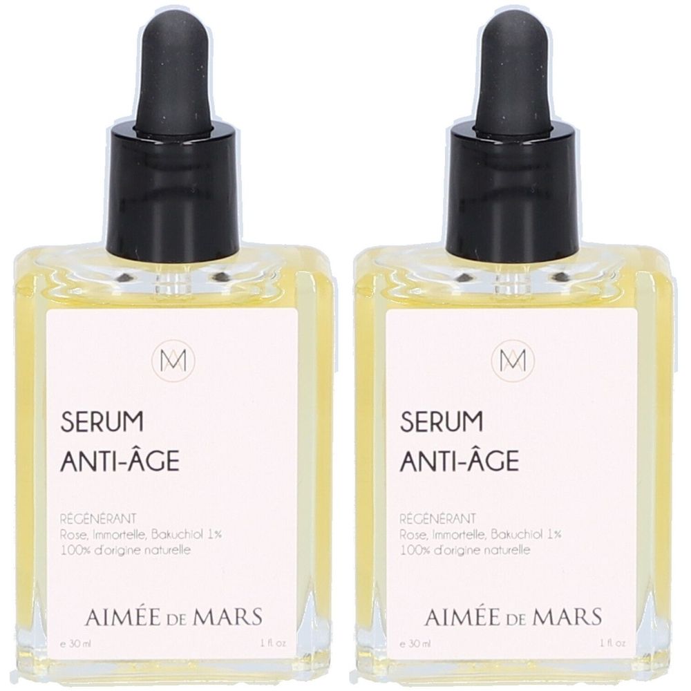 Twee vierkante serumflessen met zwarte pipetten. De etiketten tonen "SERUM ANTI-ÂGE" en "AIMÉE DE MARS".