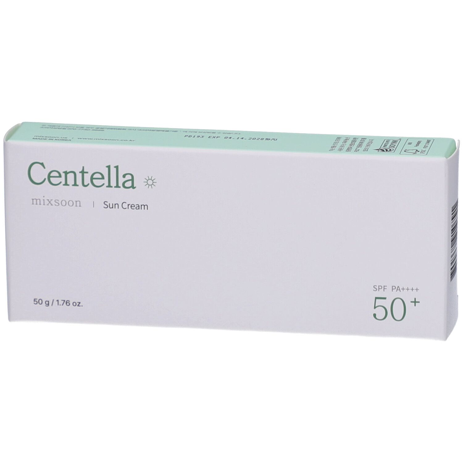 Witte doos met groen deksel. Opschrift: Centella, mixsoon, Sun Cream, 50+, SPF PA++++. 50 g / 1.76 oz.