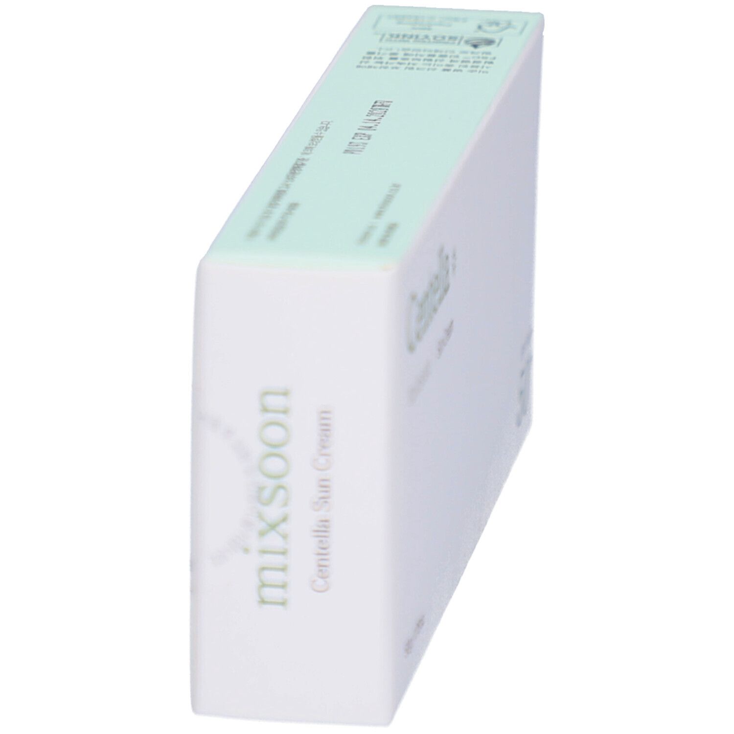 Witte doos, groenachtige bovenkant. Opschrift: mixsoon, Centella Sun Cream. Zijaanzicht.