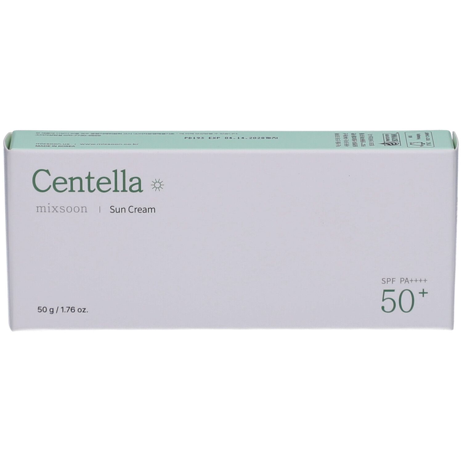 Witte doos met groen deksel. Opschrift: Centella, mixsoon, Sun Cream, 50+, SPF PA++++. 50 g / 1.76 oz.