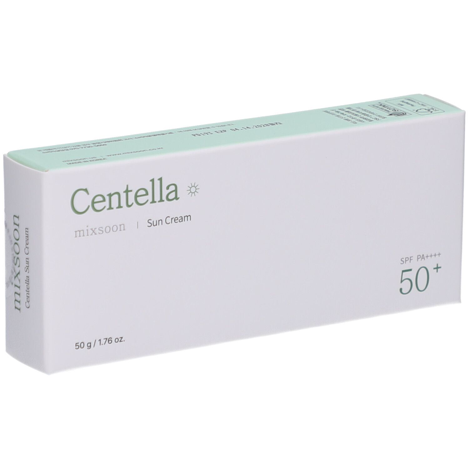 Witte doos met groen deksel. Opschrift: Centella, mixsoon, Sun Cream, 50+, SPF PA++++. 50 g / 1.76 oz.