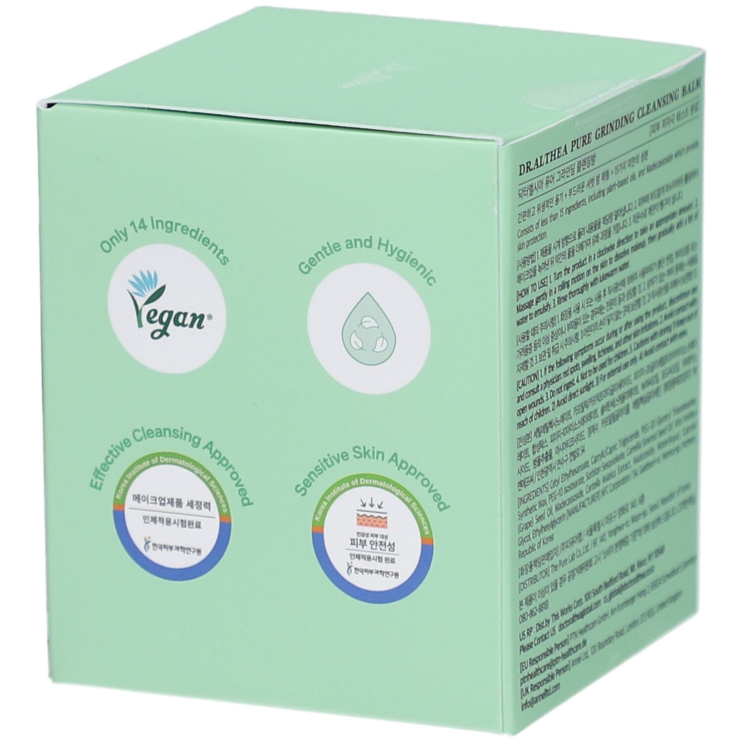 Groene verpakking met productnaam en ingrediënten. Product in groene pot met doekjes. Vegan label.