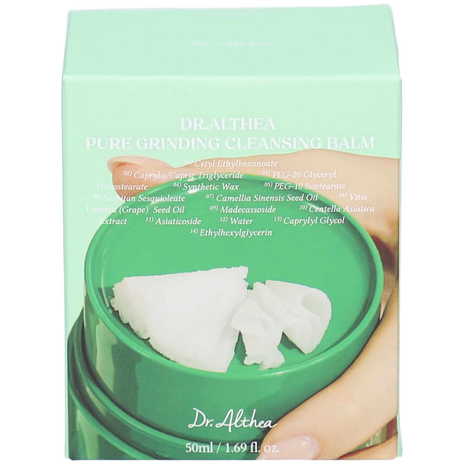 Groene pot met productnaam en ingrediënten. Product in groene pot met doekjes. Vegan label.