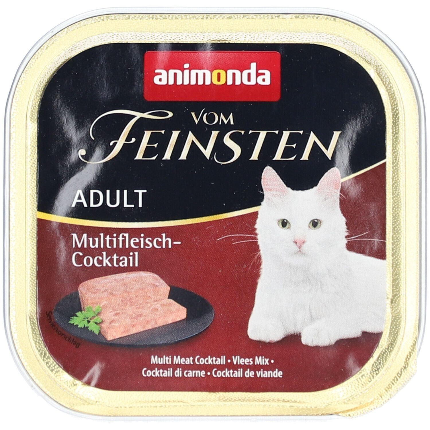 Vierkante bak met animonda-logo. Tekst: Vom Feinsten Adult Multifleisch-Cocktail. Afbeelding: kat en stukjes vlees.