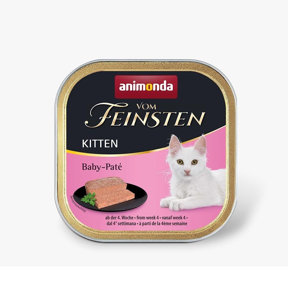 Boîte carrée de nourriture pour chat. Inscription : animonda Vom Feinsten Kitten Baby-Paté. Image d'un chat et de nourriture.