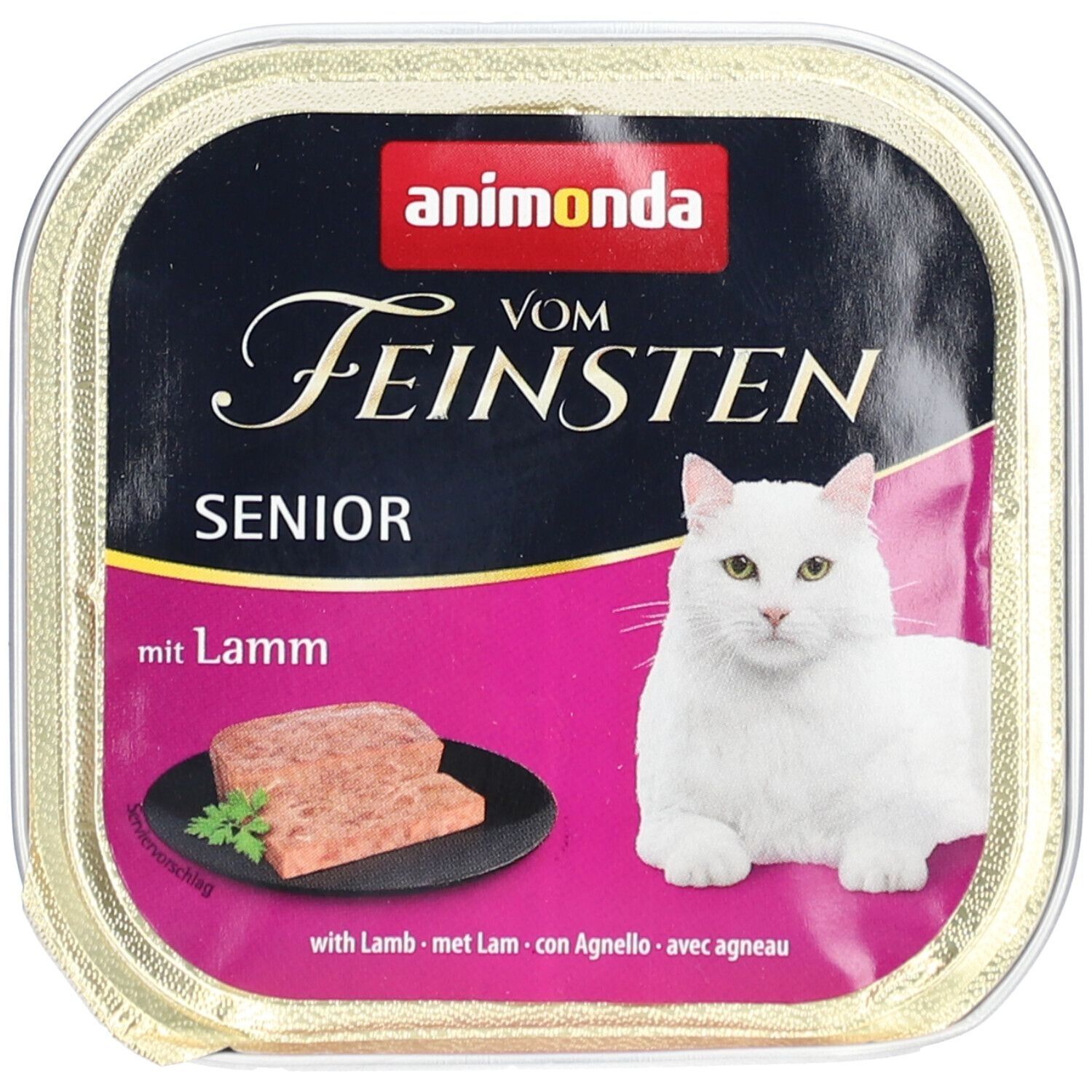 Verpakking van animonda Vom Feinsten Senior mit Lamm. Afbeelding van witte kat en voer. Tekst: Senior, mit Lamm.