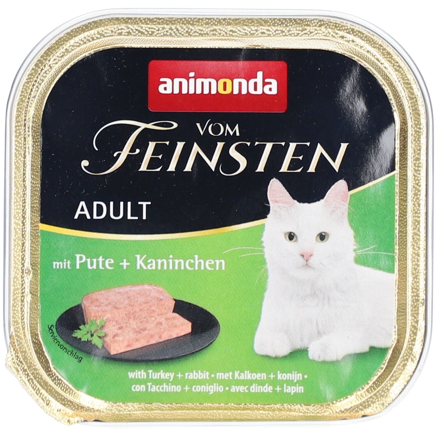 Boîte de animonda Vom Feinsten Adult avec dinde + lapin. Image d'un chat blanc, de la nourriture et des informations sur le produit.