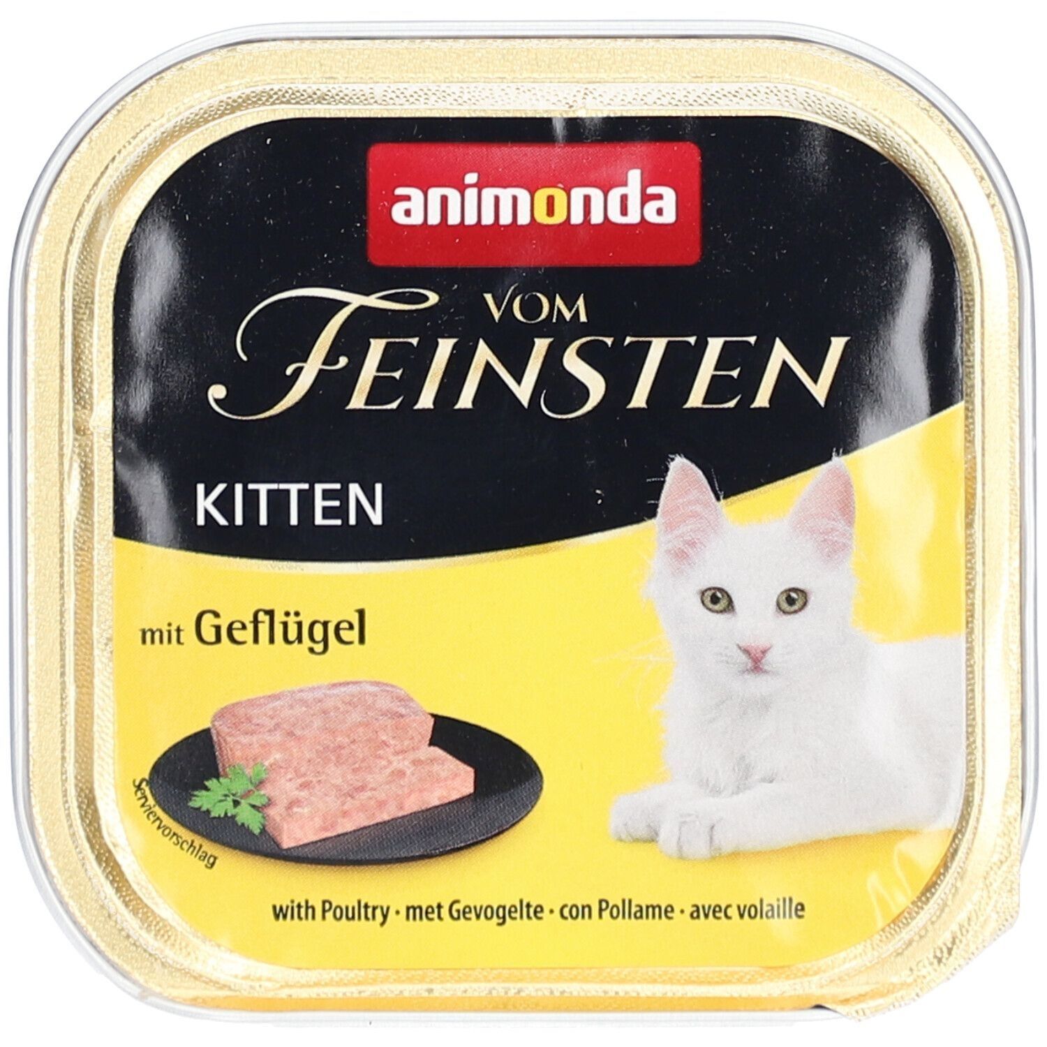 Emballage animonda Vom Feinsten Kitten mit Geflügel. Fond noir avec nom du produit et chat blanc. Morceaux de viande présentés.