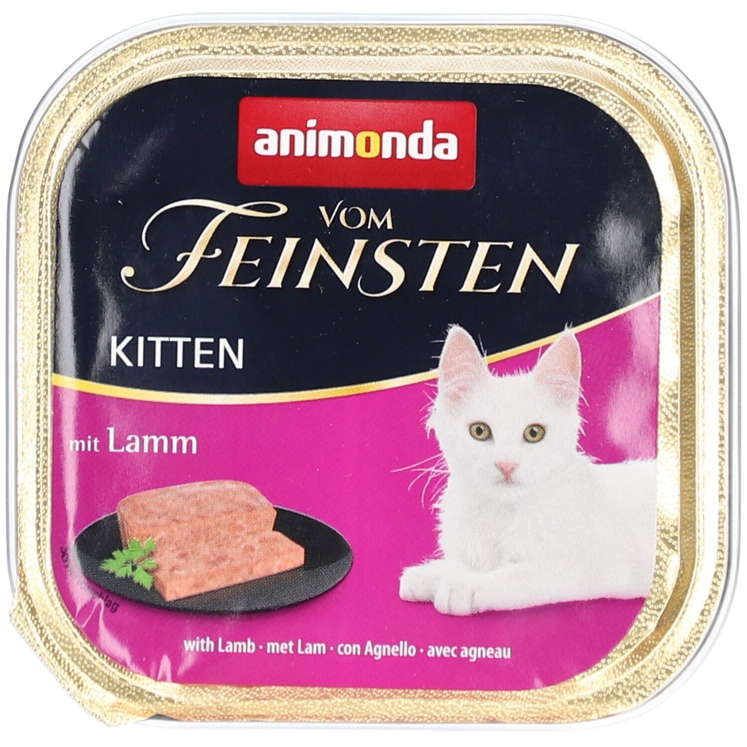 Emballage de animonda Vom Feinsten Kitten mit Lamm. Image d'un chat blanc et de viande. Texte: animonda, Vom Feinsten, Kitten, mit Lamm.