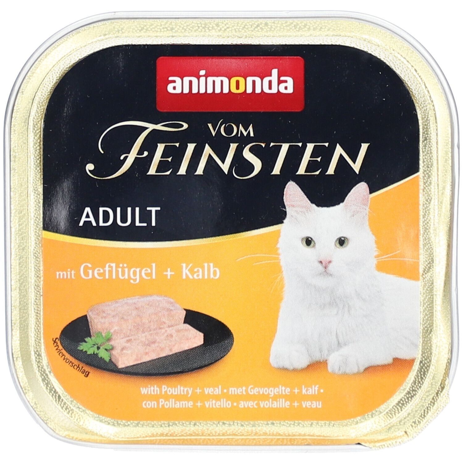 Aliment pour chats dans un récipient rectangulaire. Inscription : animonda Vom Feinsten Adult mit Geflügel + Kalb. Un chat blanc et de la nourriture sont représentés.