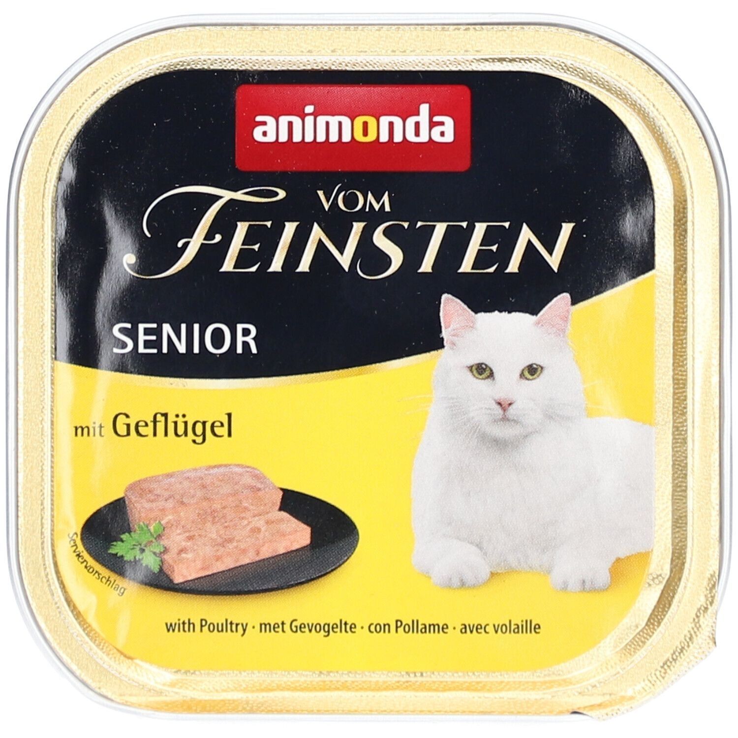 Emballage animonda Vom Feinsten Senior mit Geflügel. Inscription : animonda, Vom Feinsten, Senior, mit Geflügel. Image d'un chat et de nourriture.
