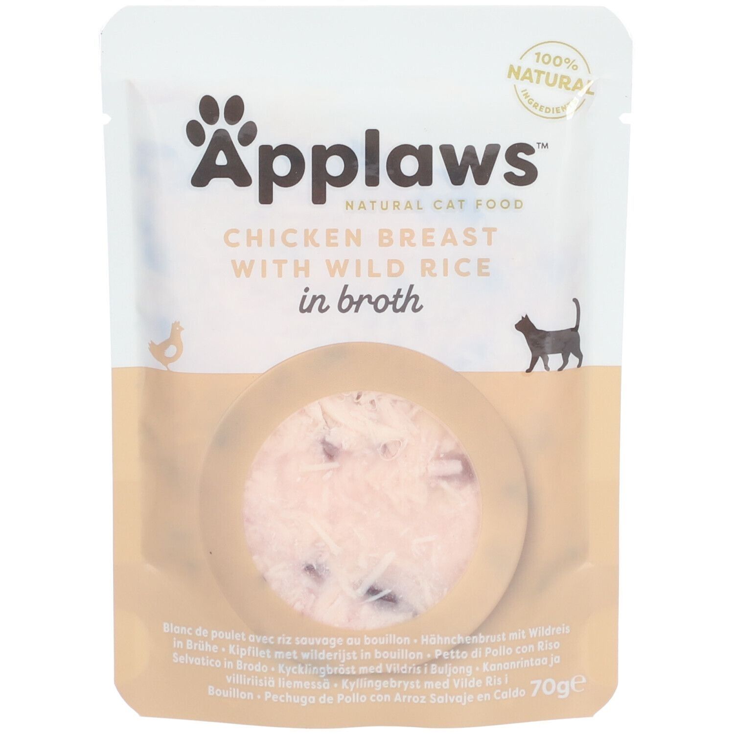 Sachet Applaws™ pour chat. Poitrine de poulet avec riz sauvage en bouillon. Visible : produit, texte, logo, chat. 100% naturel.