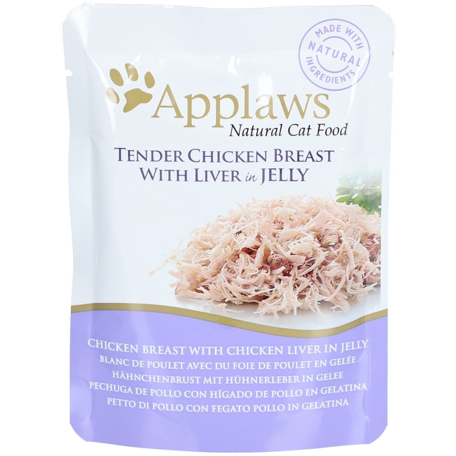 Verpakking Applaws Natural Cat Food. Bevat kippenborst met kippenlever in gelei. Ronde tekst: Made with Natural Ingredients.
