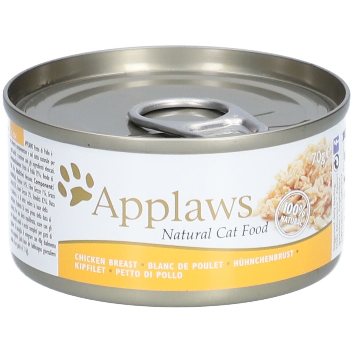 Boîte de conserve ronde pour chat. Marque Applaws Natural Cat Food. Contient de la poitrine de poulet. 100% naturel. Logo empreinte de patte.