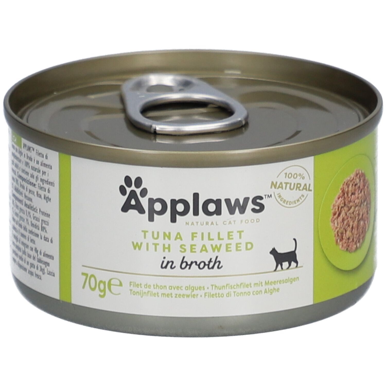 Ronde blik van Applaws™ Tonijnfilet & Zeewier in bouillon. Opschrift: Tuna Fillet with Seaweed in broth. 70g. 100% Natural.