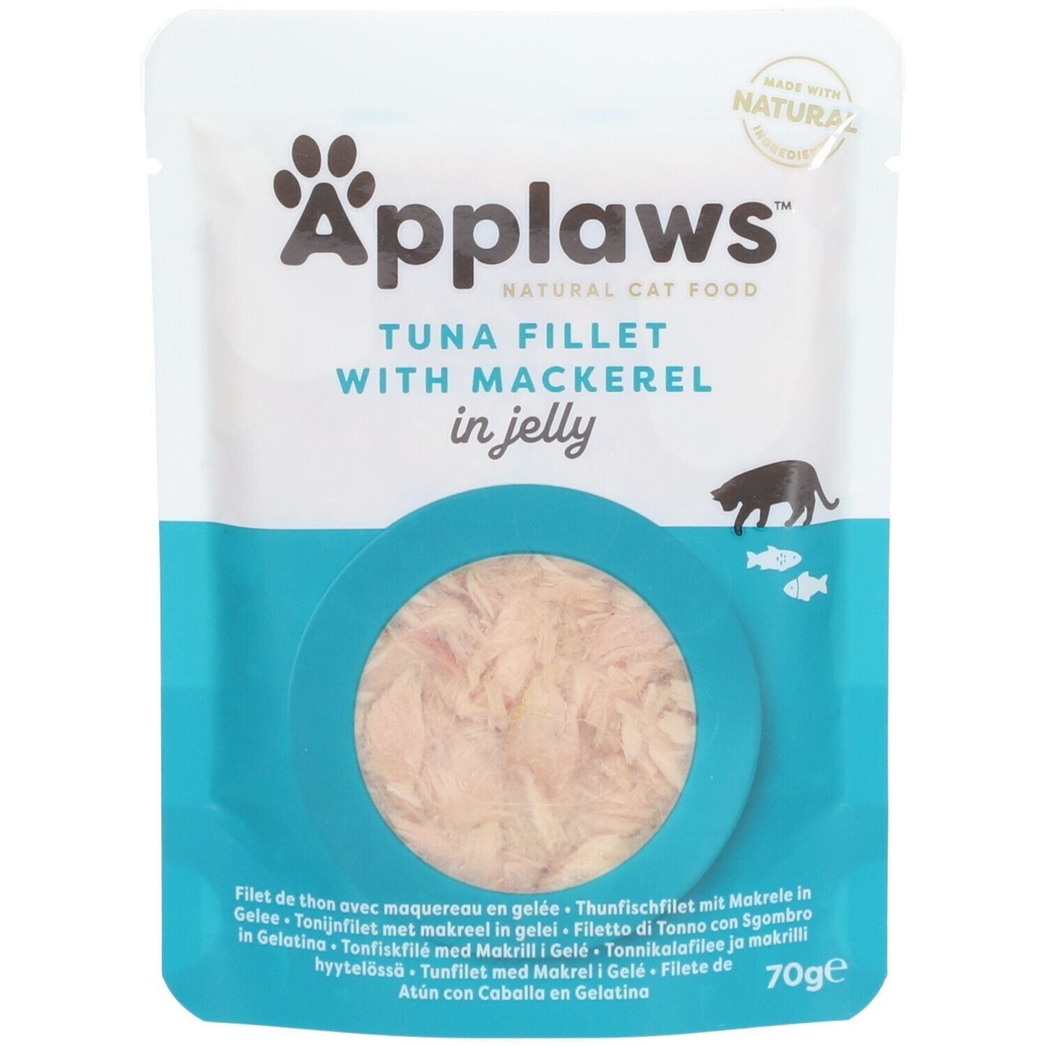 Sachet Applaws, thon et maquereau en gelée. Logo, texte et produit visibles. 70g.