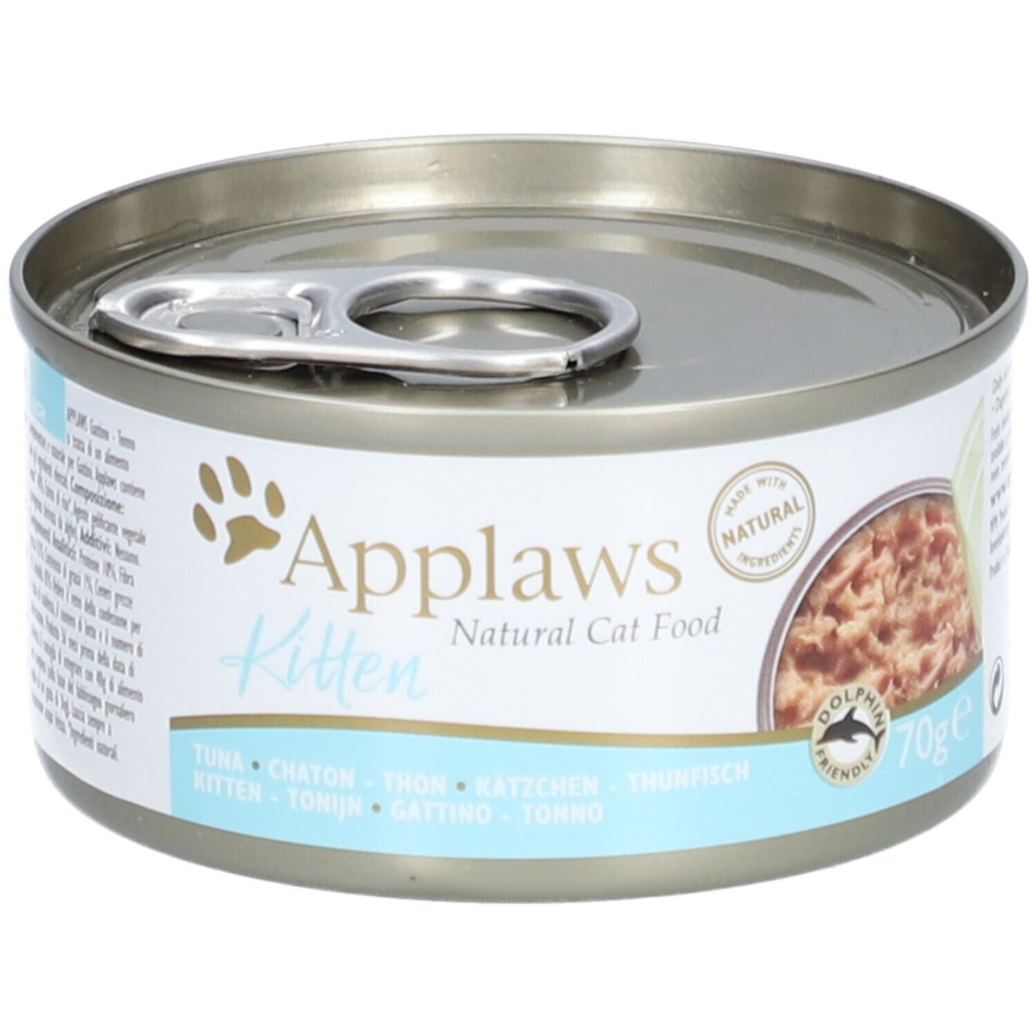 Boîte ronde de Applaws, filets de thon en gelée pour chatons. Avec ouverture facile. Inscription: Applaws Kitten Natural Cat Food, 70g, Dolphin Friendly.