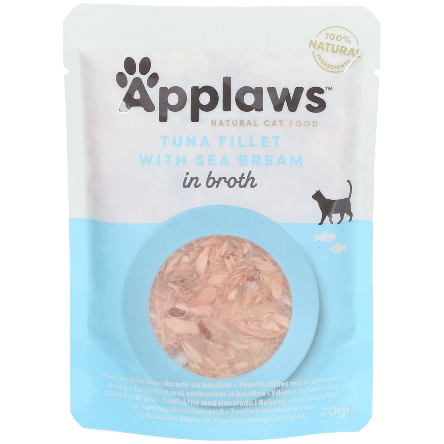 Zakje Applaws tonijnfilet met zeebrasem in bouillon. Open zakje met inhoud in blauwe cirkel. 100% natuurlijk.