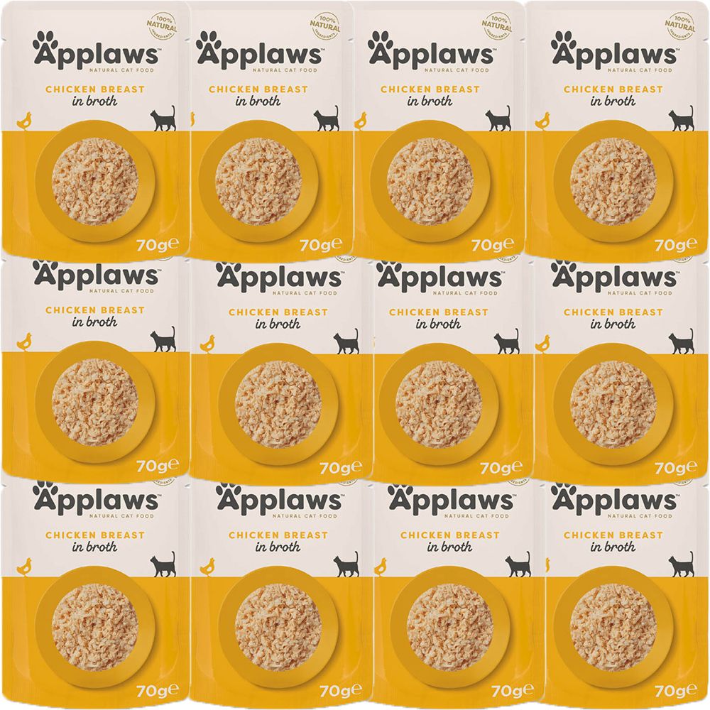 Applaws kipfilet in bouillon voor katten, 12 zakjes van 70g.