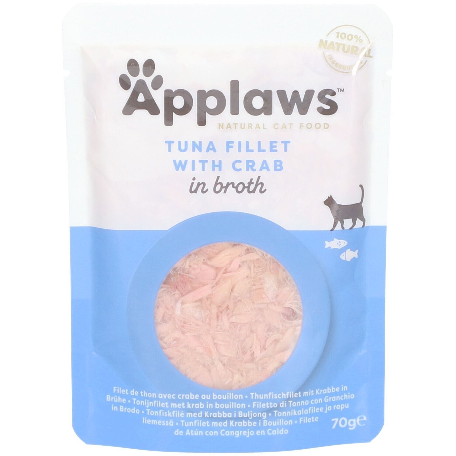 Sachet de filets de thon et de crabe Applaws en bouillon. Visibles : produit, texte, logo, silhouette de chat, icônes de poisson.