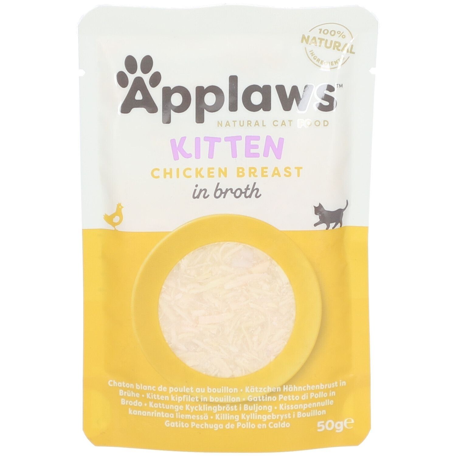Sachet de nourriture pour chatons Applaws. Emballage jaune et blanc avec nom du produit et 50g. Contient de la poitrine de poulet en bouillon.