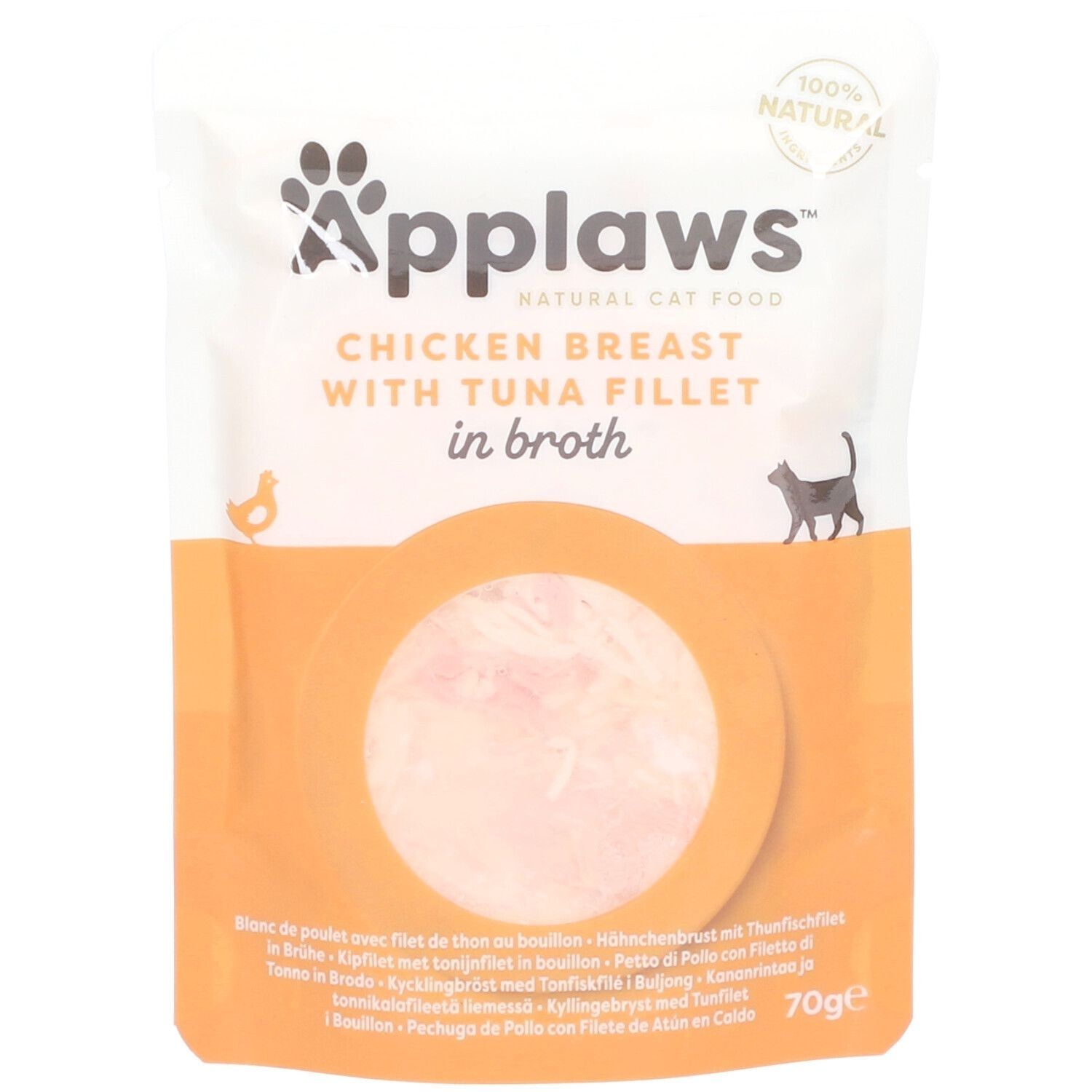 Verpakking Applaws voor katten. Kipfilet met tonijnfilet in bouillon. Zichtbaar: product, katten silhouet, tekst en logo.